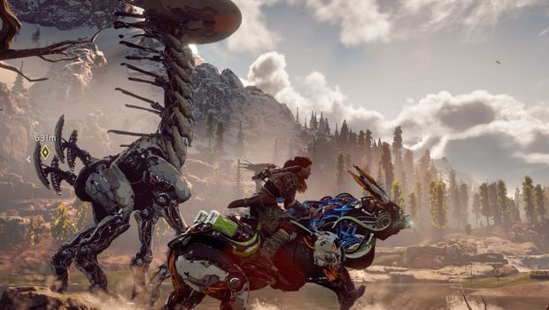 Aloy from Horizon Zero Dawn riding a mechanic dinosaur