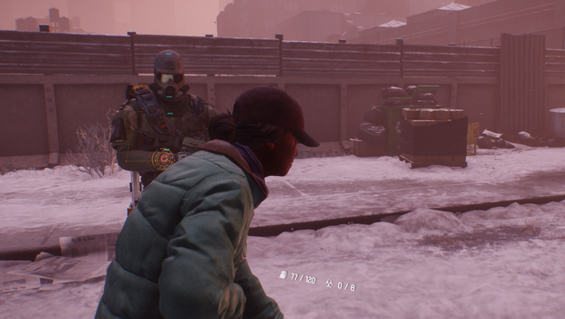 Screenshot selfie from The Division ruined by a random passing civilian.