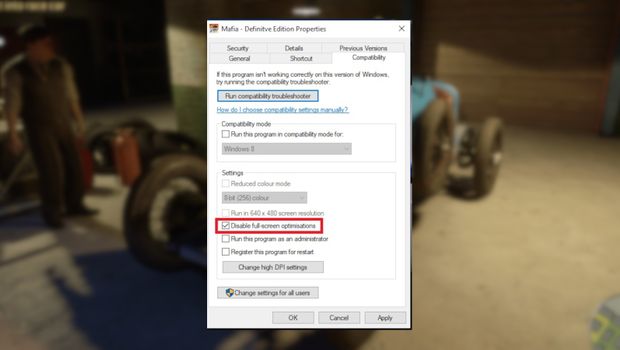 Screenshot showing how to disable the full-screen optimization for Mafia: Definitive Edition