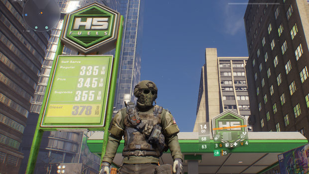 The Division screenshot showing an armored SHD agent next to a gas station with its gas prices listed on the side.