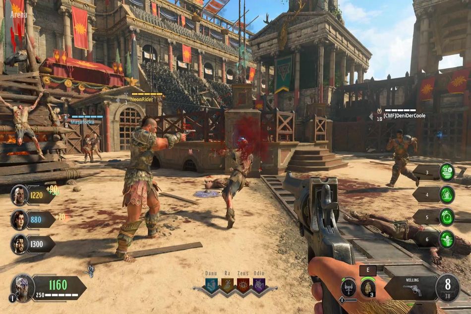 Player blowing a zombie's head off in Zombies mode in Call of Duty: Black Ops 4.