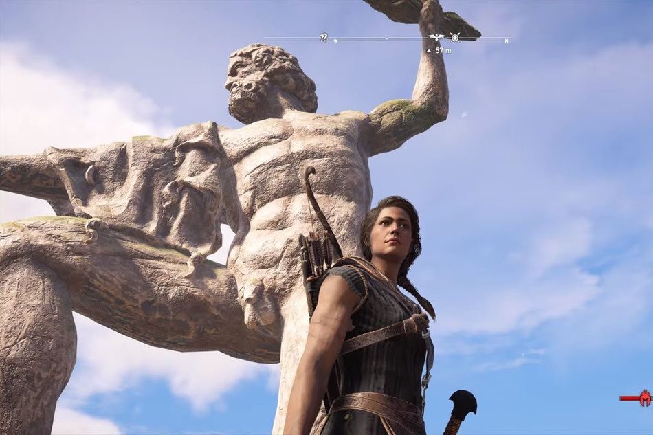 Kassandra is standing in front of a Zeus statue she's about to conquer