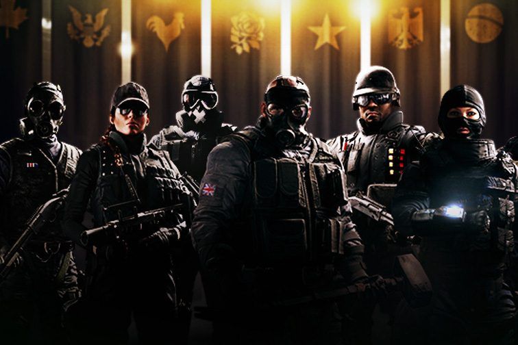 Promotional image of Rainbow Six Siege showing six of the game's operators - Smoke, Ash, Mute, Sledge, Castle and Twitch