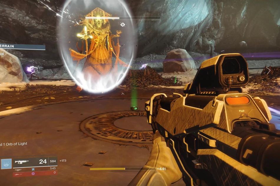 Player facing Prince Nokris in the new Warmind strike with an auto-rifle.