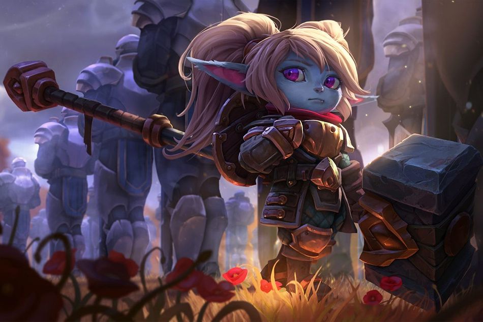 Splash art for League of Legends champion Poppy showing her tiny stature with her massive hammer.