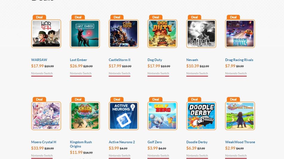 Nintendo Switch eShop website offering many games on sale for the North American region