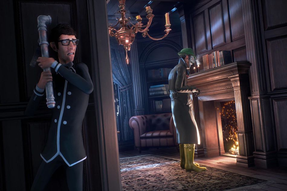 A man with a pipe visibly frightened of an imposter in We Happy Few