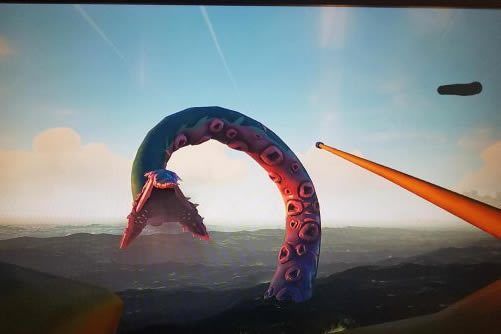 A giant tentacle coming out of the water with a spear flying towards is 