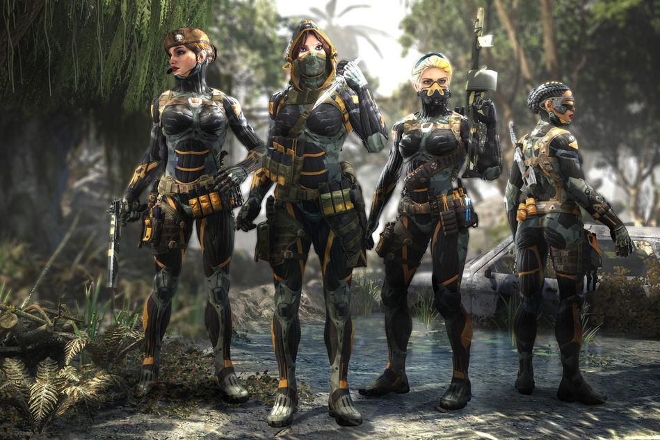 Four women are wearing Crysis nano suits for maximum nerd appeal