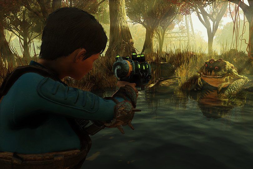 Picture of a female character shooting a frog in Fallout 76