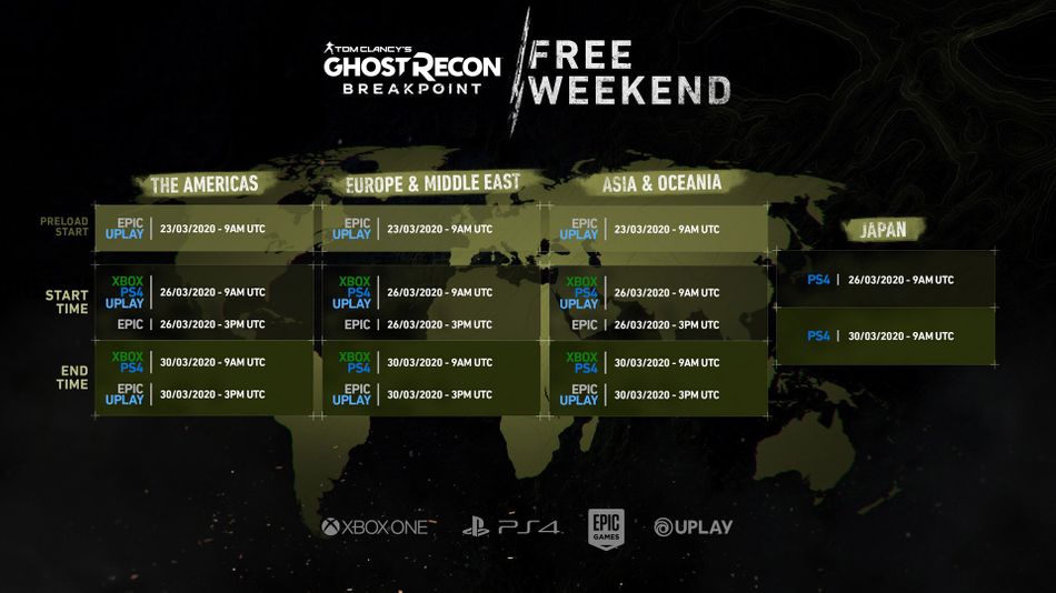 Ghost Recon: Breakpoint screenshot showing Free weekend preload, start and end times
