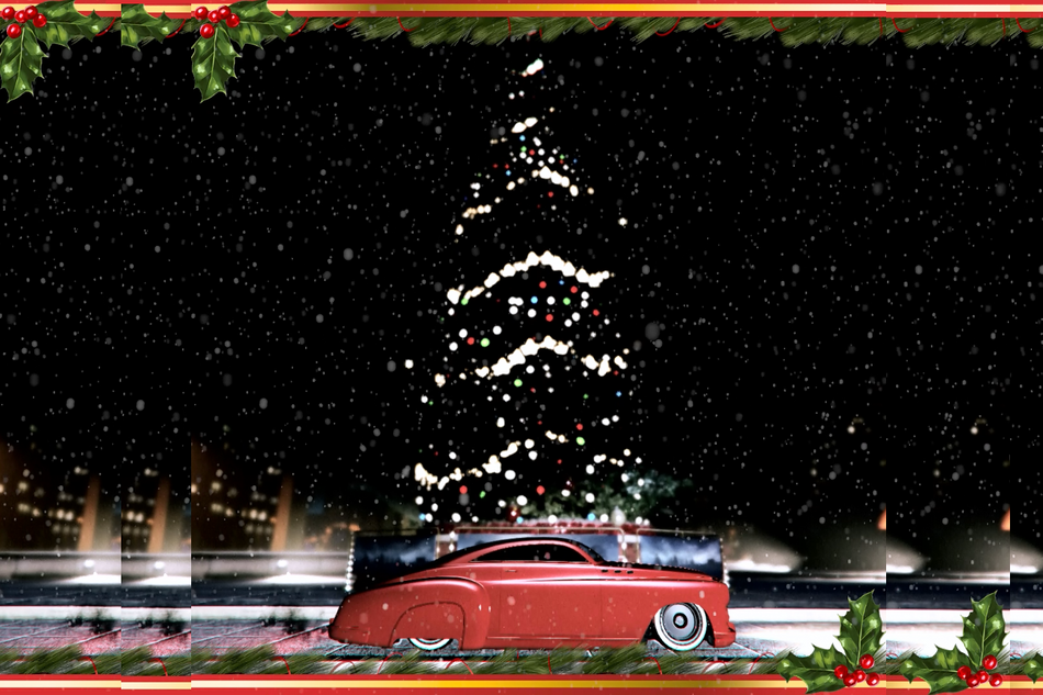 Albany Hermes Muscle Car in front of a giant Christmas tree in GTA Online
