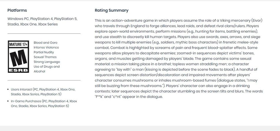 Assassin's Creed: Valhalla's ESRB rating