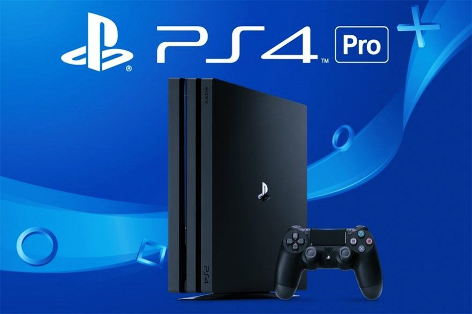 Black model of PlayStation 4 Pro on a blue background.