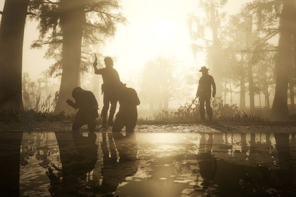 RDR2 characters shooting men in the back in a swamp somewhere 