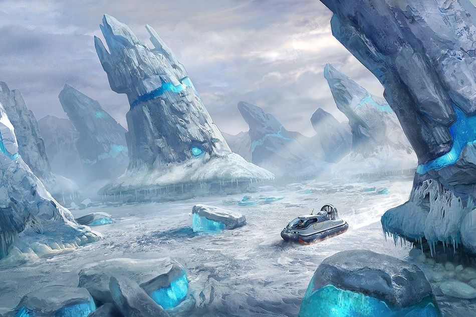 Air cushion vehicle amidst ice spires in Subnautica: Below Zero
