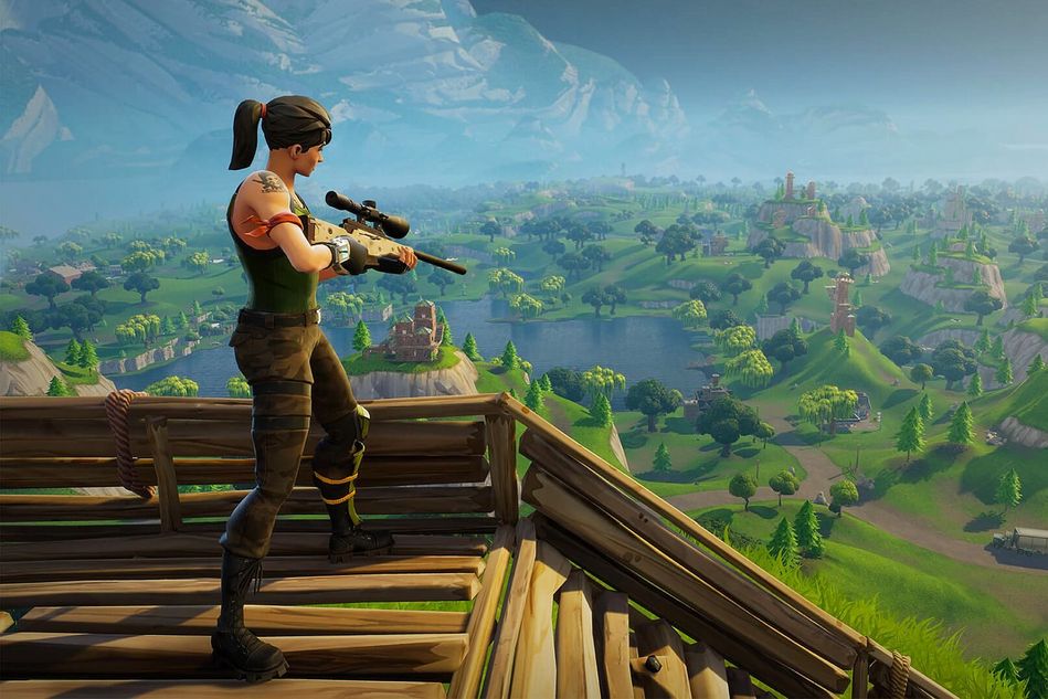 A female character in Fortnite standing on a wooden platform holding a rifle.