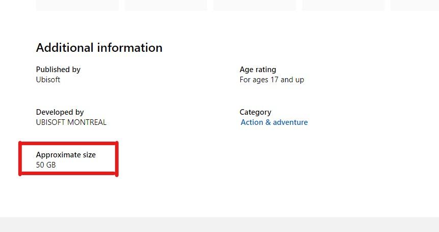 screenshot showing Assassin's Creed Valhalla file size on Xbox store