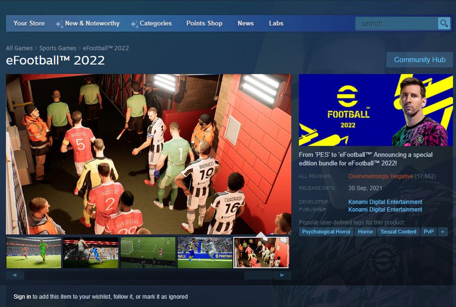eFootball 2022 - You can see the weird tags to the right, under "Konami Digital Entertainment"