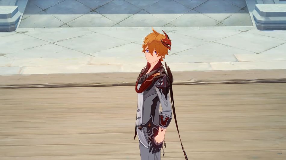 A screenshot from a Genshin Impact video featuring a character named Childe