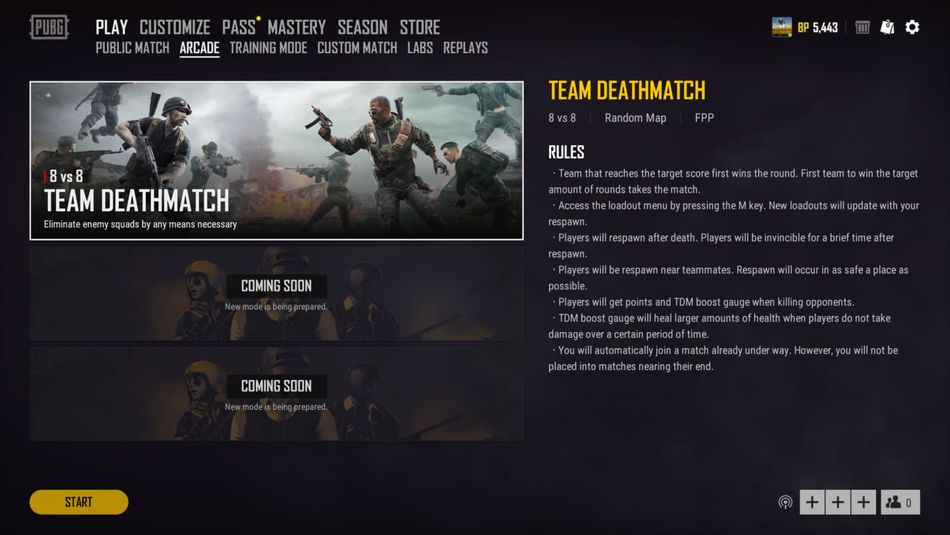 PUBG screen explaining Team Deathmatch rules
