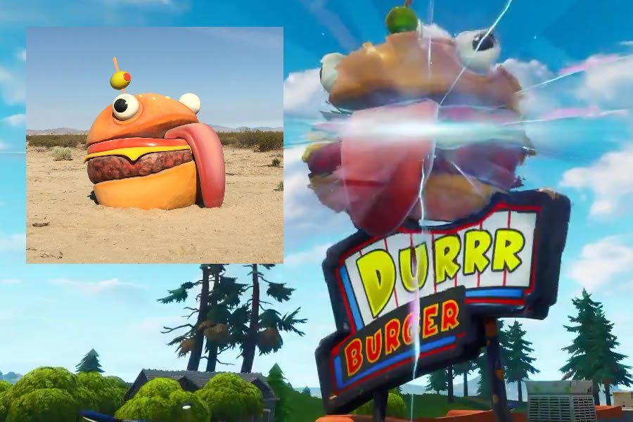 Montage showing Fortnite's Durrr Burger in game and real life