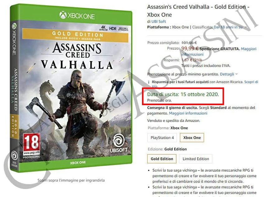 Amazon Italy listing showing ac valhalla release date
