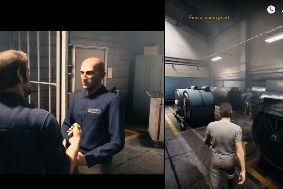 A split-screen scene from A Way Out in which the characters are in the laundry room