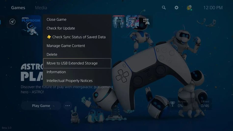 PS5 screenshot showing a option to move PS5 game onto the USB Extended Storage