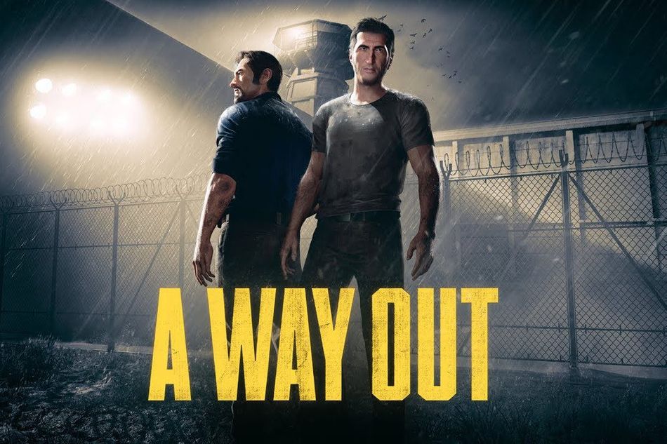 Two guys standing in a prison yard with yellow ''A WAY OUT'' written over them.