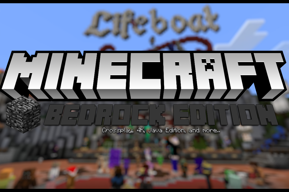 Title screen of Minecraft Bedrock Edition in its signature blocky shapes in vibrant colours.