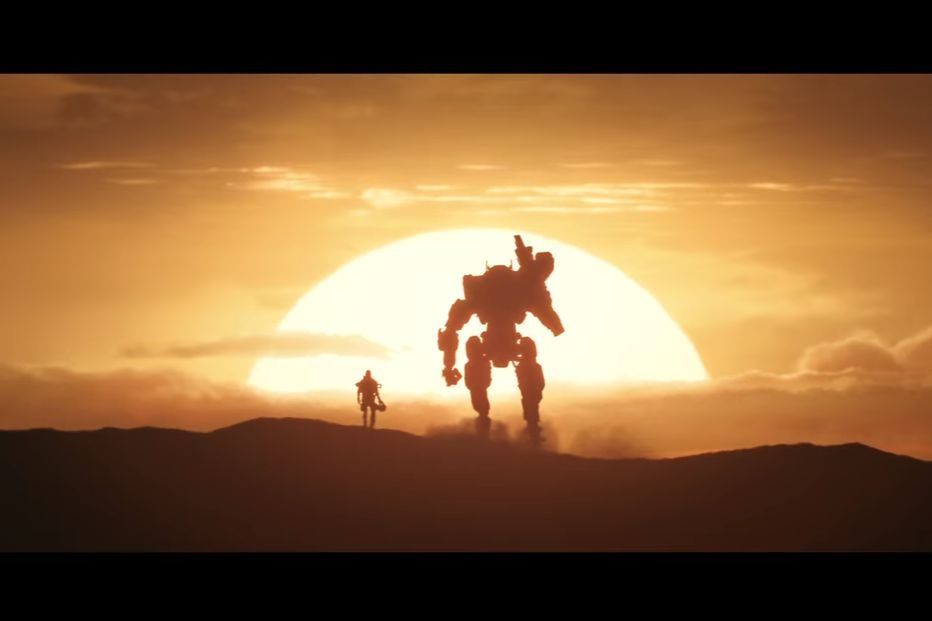 Picture of a pilot and a titan in a Titanfall 2 sunset