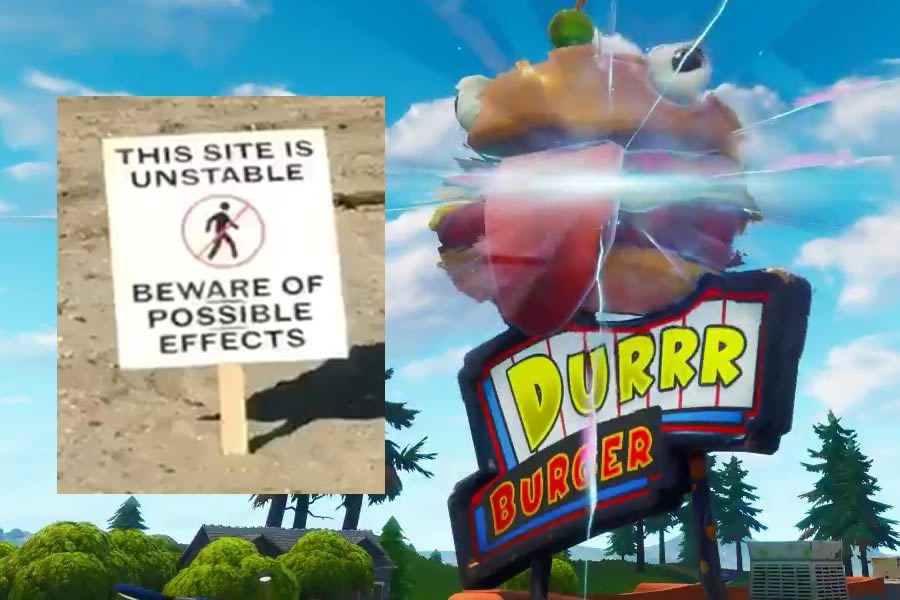 Montage showing Fortnite's Durrr Burger and a mysterious sign