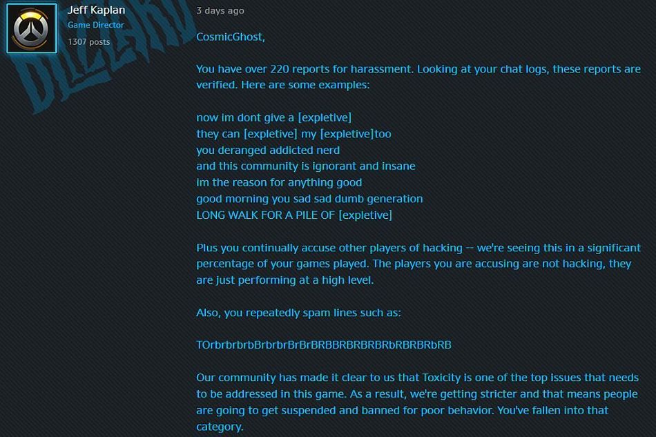 Jeff Kaplan's forum response screenshot