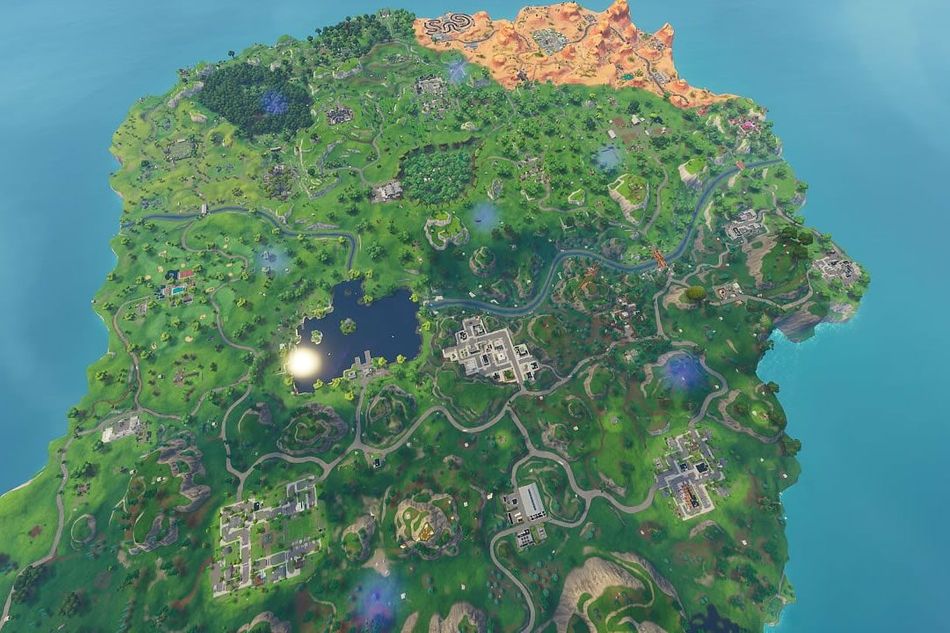 Fortnite's map with several locations covered in purple haze