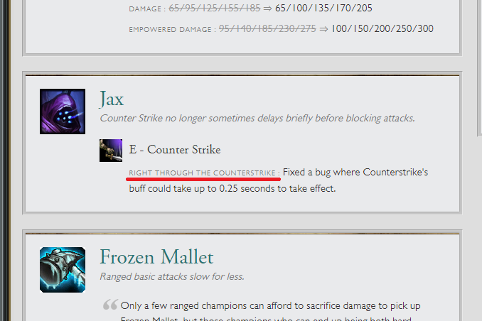 Screenshot of League of Legends patch notes showing the supposed Counterstrike fix.