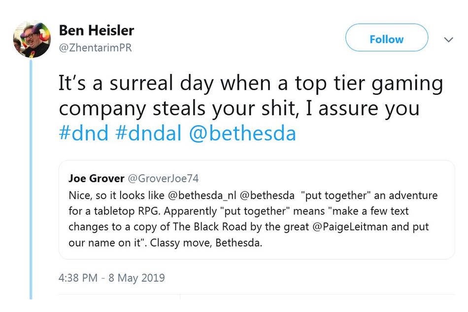 Reaction to Bethesda plagiarism by author of The Black Road