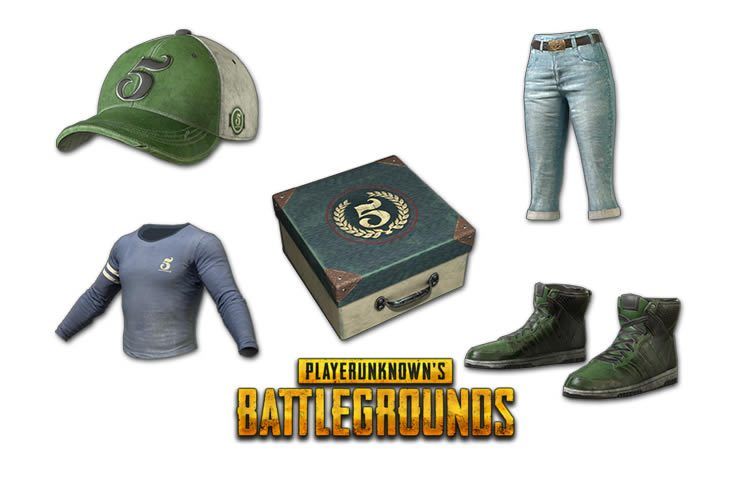 Cap, shirt, pants, boots and a tin container above PUBG logo