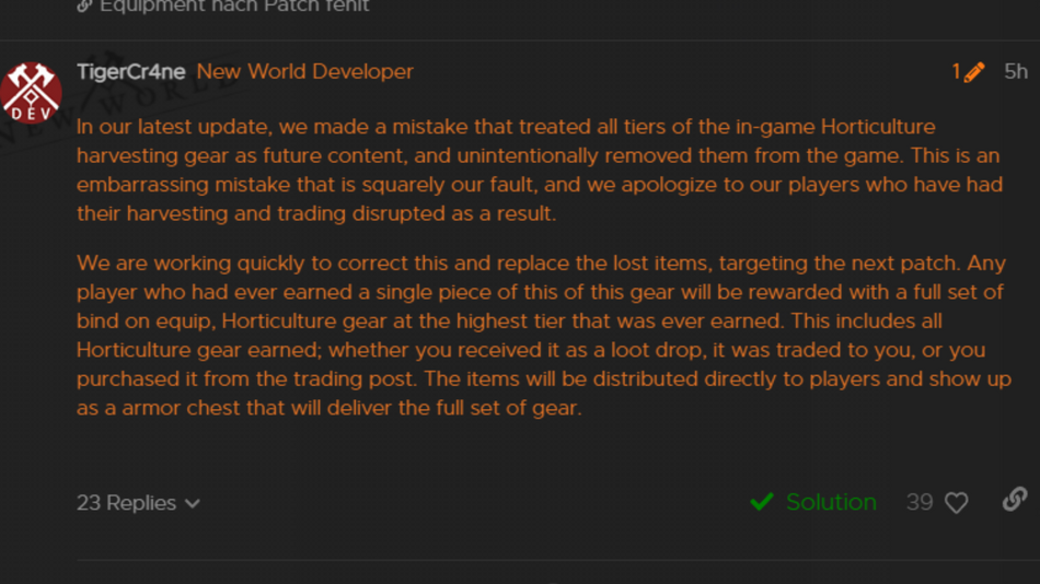 New World - Harvesting gear reparations