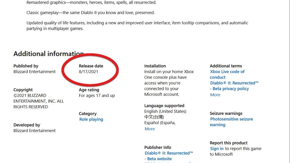 Diablo 2 Resurrected beta is kicking off on August 17, 2021, according to the listing on Microsoft Store