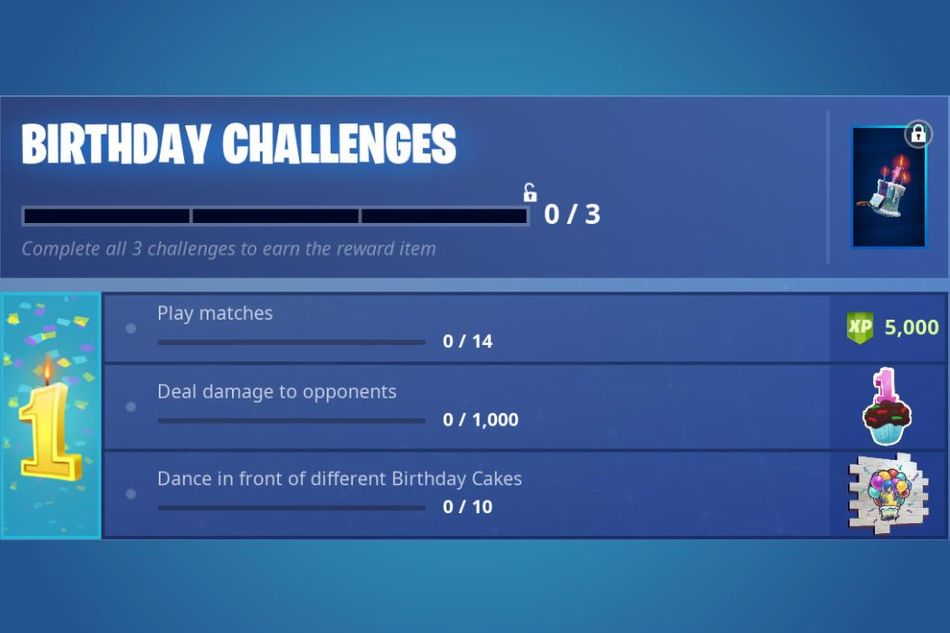 Screenshot of Fortnite: Battle Royale's birthday event challenges