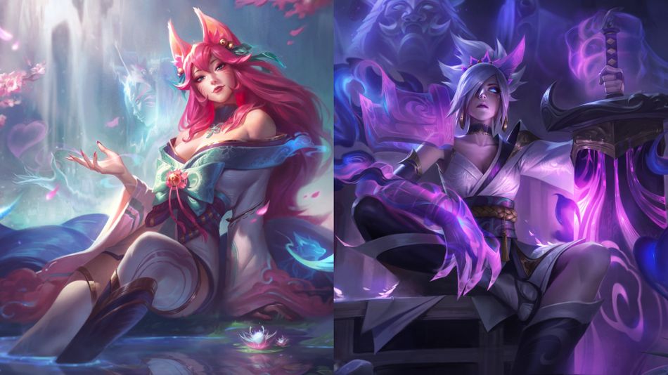 League of Legends  champions Ahri and Riven splash arts