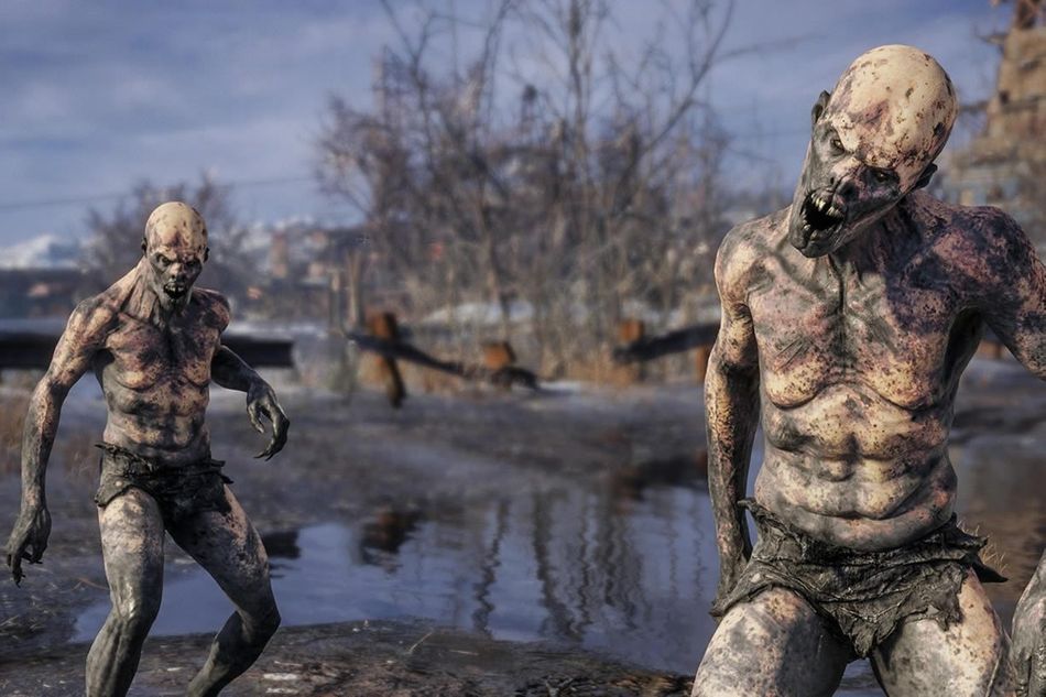 Two rotting zombies staring at the camera in Metro Exodus