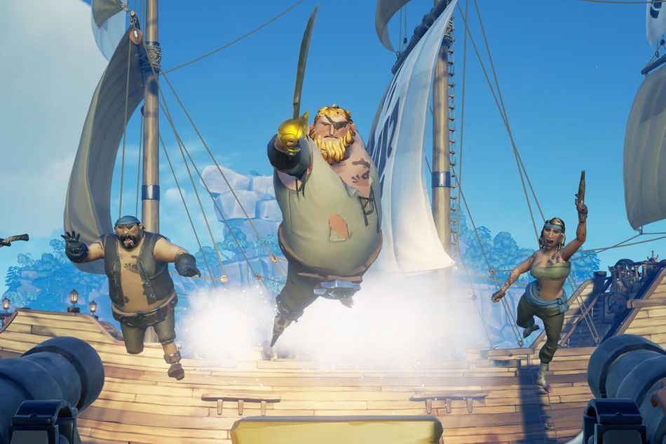 Three animated pirates jumping on deck in the game Sea of Thieves