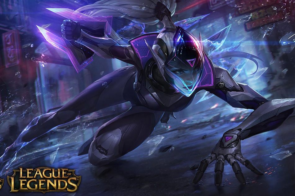 Splash art for the legendary Project Vayne in League of Legends, a futuristic bodysuit in purple shades.