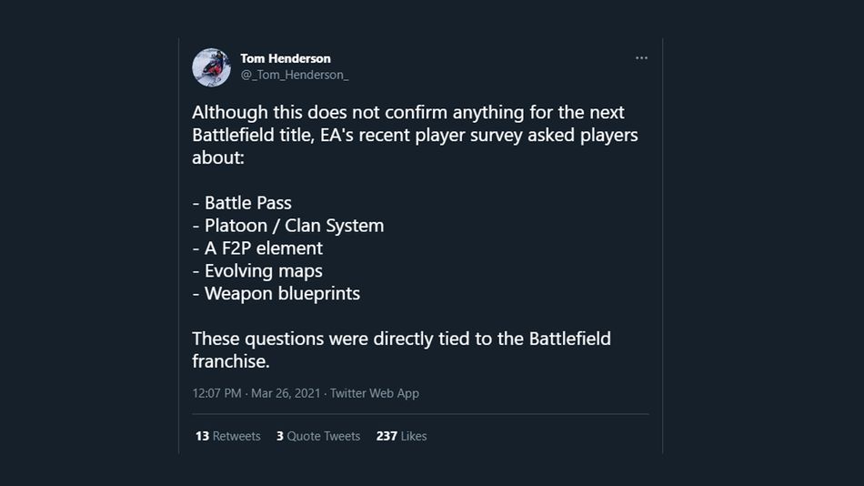 screenshot showing a tweet regarding battlefield 6