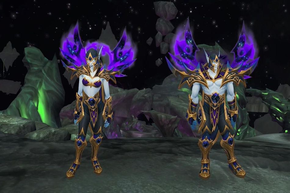 Male and Female Void elves standing in a screenshot so players can get sucked into buying World of Warcraft: Battle for Azeroth.