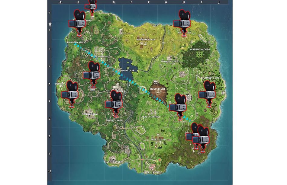 Map of the island in Fortnite: Battle Royale with camera locations