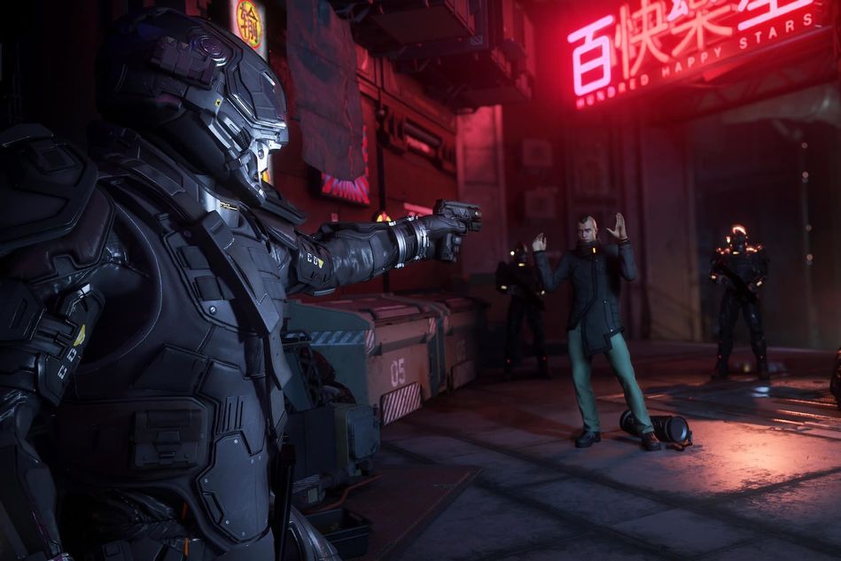 A police officer holding a man at gunpoint in Star Citizen