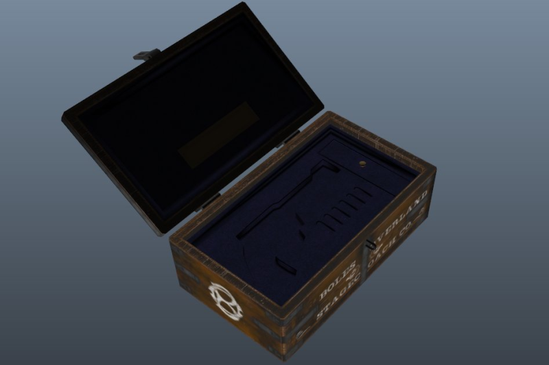 The chest isÂ marked withÂ a company name and logo that say: Boles Overland Stagecoach Co